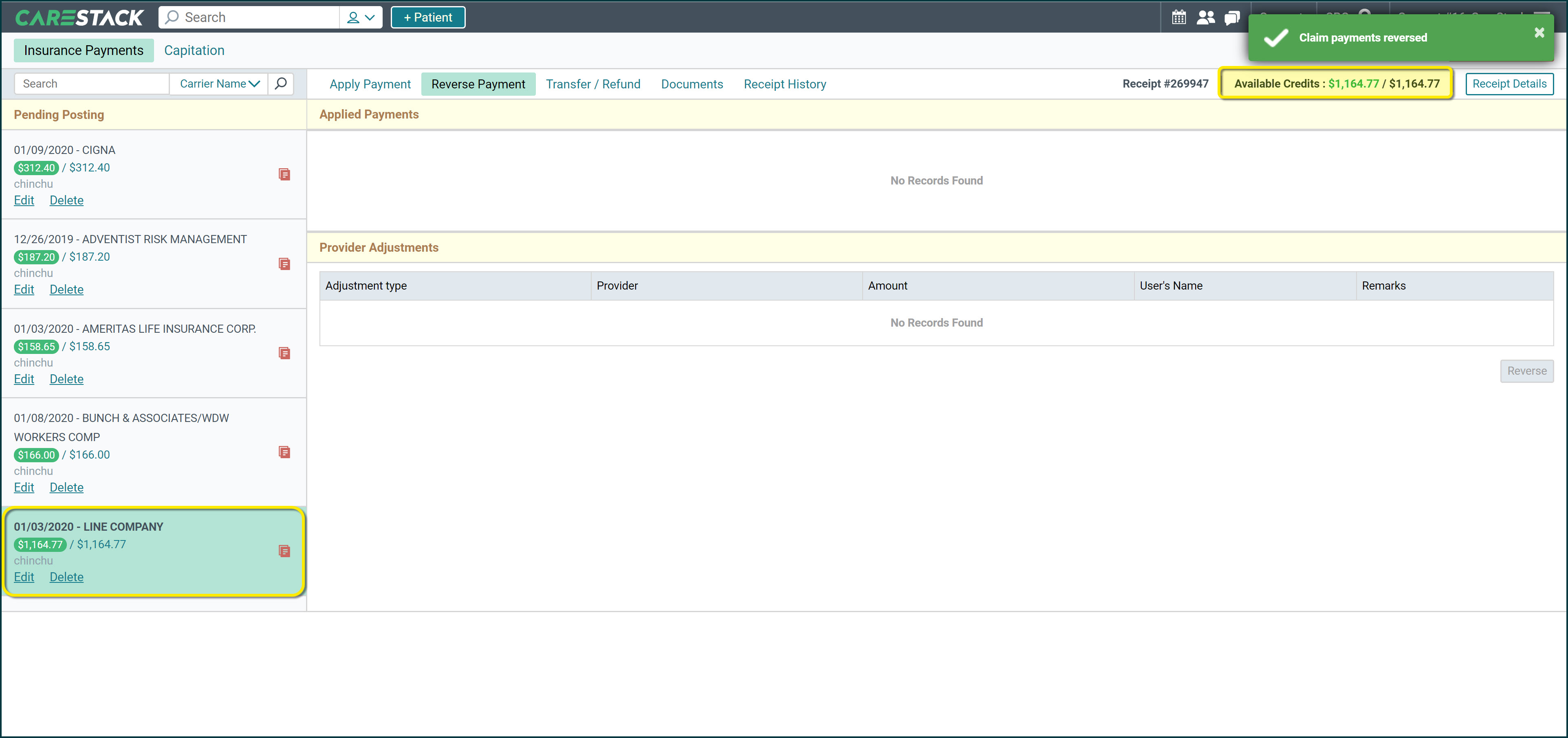 insurance-payment-posting-reverse-claim-transactions-carestack-user