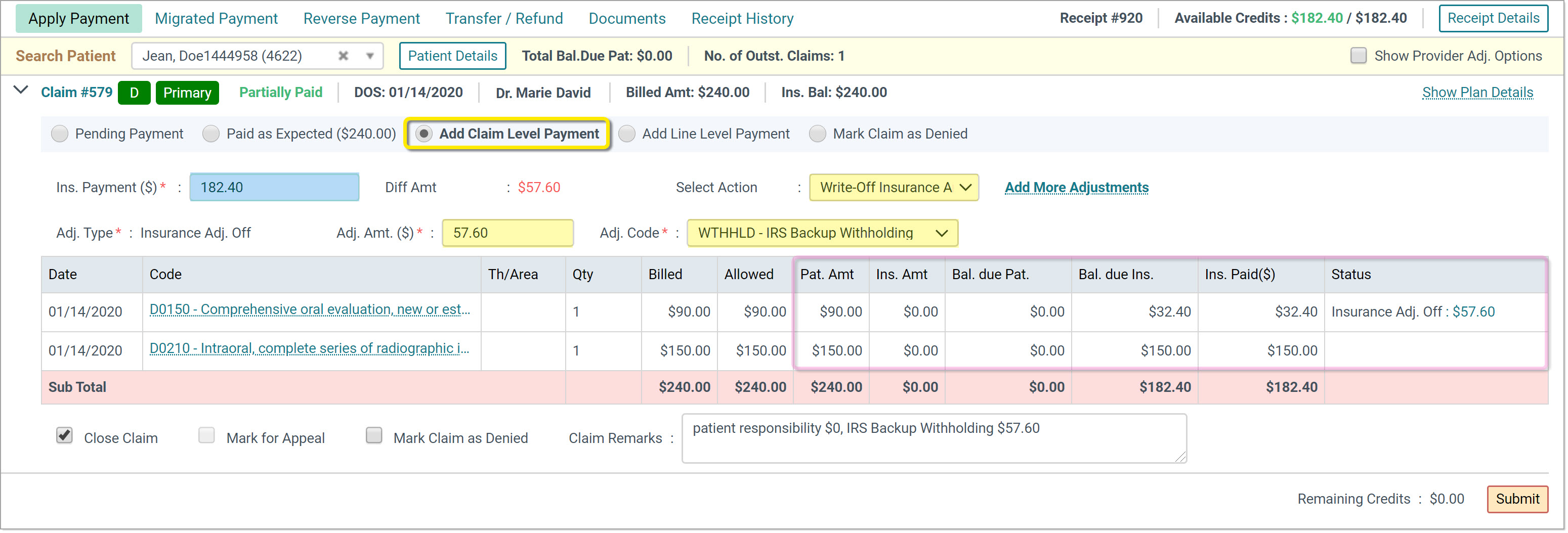 insurance-payment-posting-claim-adjustment-example-carestack-user